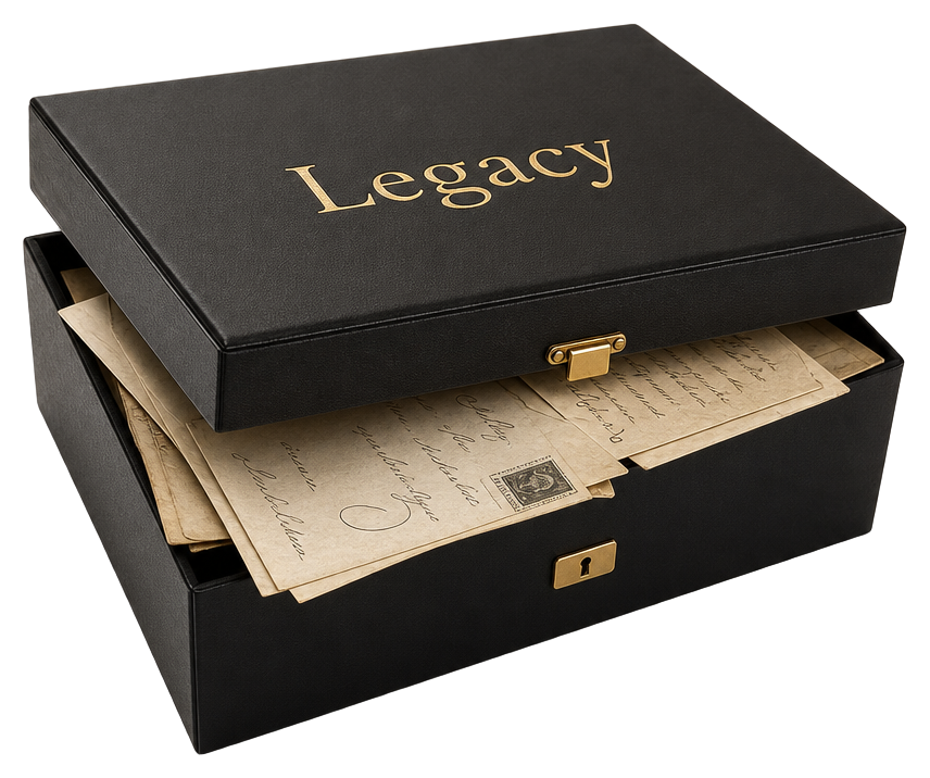 An elegant black legacy box with preserved letters rising from it